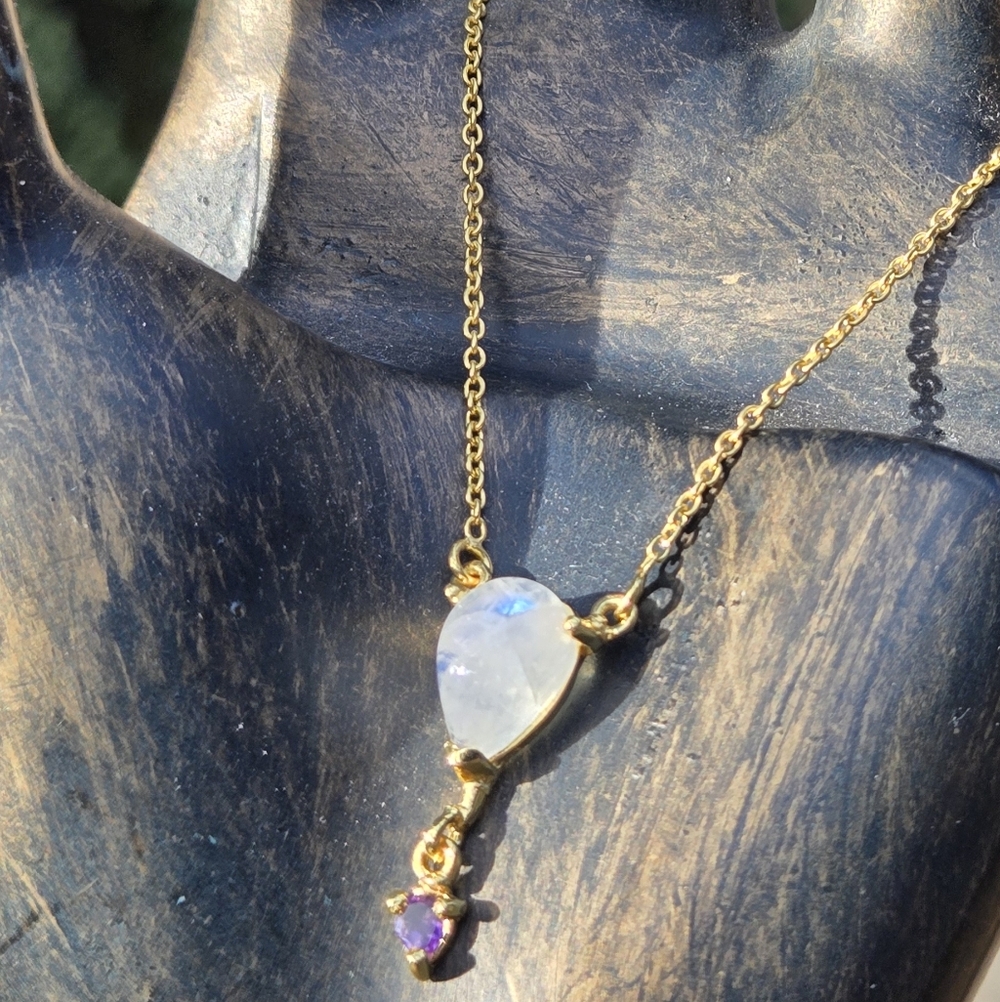Moonstone & Amethyst Natural Gemstone Sterling & Gold 18" Necklace - Picture 6 of 13